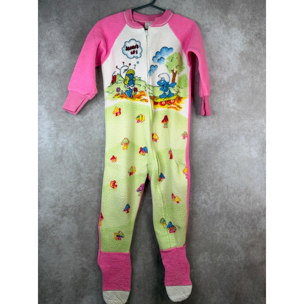 VTG 80s The Smurfs Footed Pajamas Girls Toddler Size 4 Pink Smurfette Sleeper